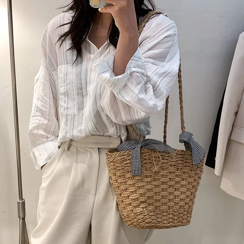 Women Popular Straw Shoulder Bags New Bow Handbag National Style Fashion Simple Bucket Women Bag