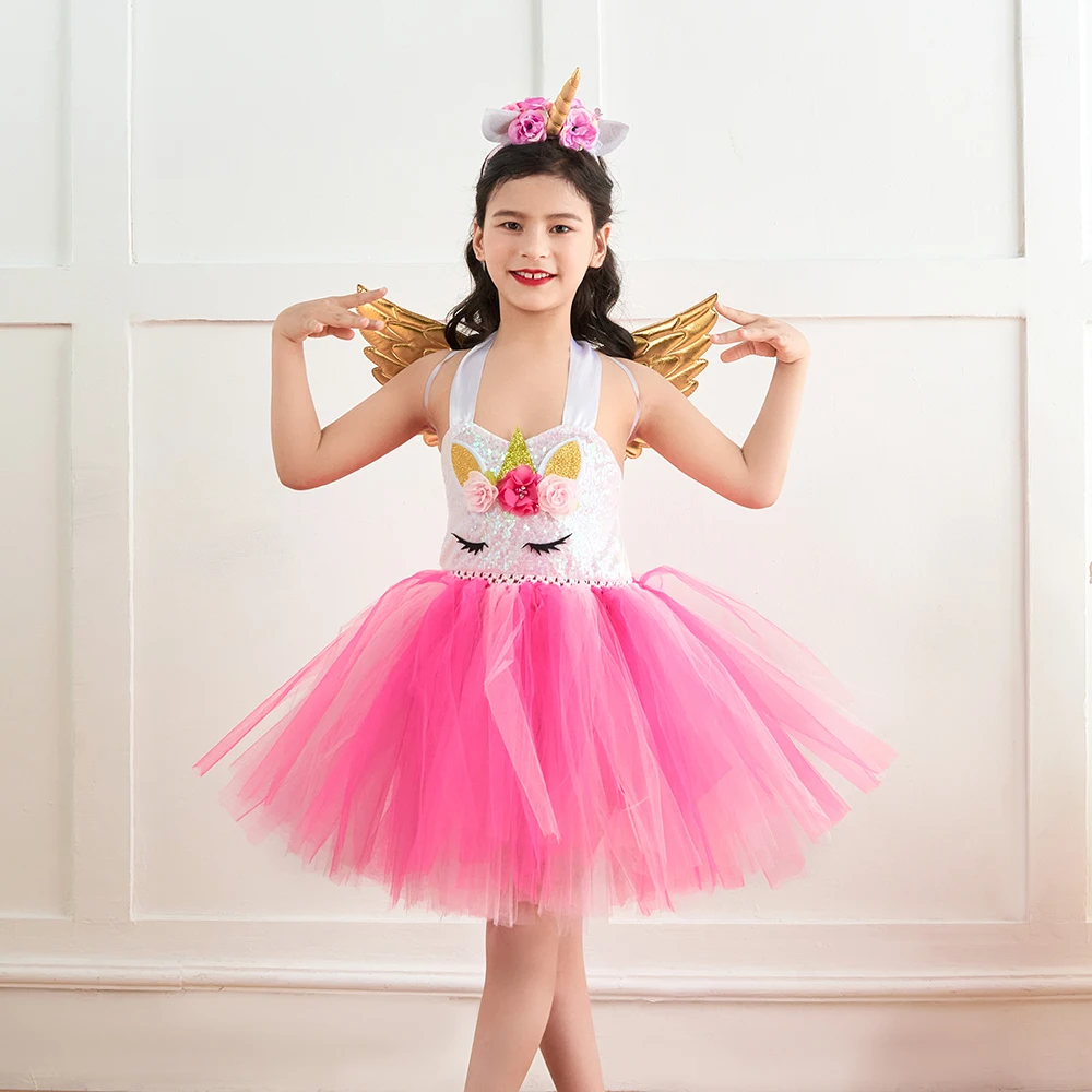 

Pastel Unicorn Dress for Girls Flower Princess TuTu Dresses Kids Halloween Costume Child Cosplay Fancy Dress with Wings 1-14Y