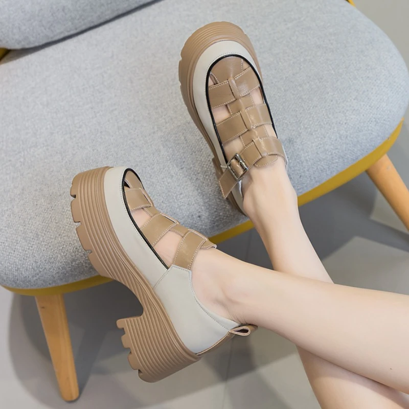 2023 New 7cm Genuine Leather Female Heeled Sandals Hollow Buckle Summer Fashion Platform Wedge Chunky Sneakers Comfy Women Shoes