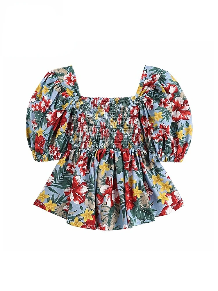 

Женская винтажная шифоновая блузка, блузка контрастных цветов с цветочным принтом, квадратным воротником и пышными рукавами, плиссированн...