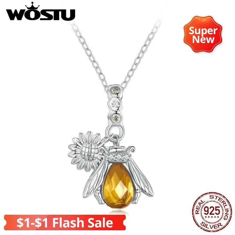 

WOSTU 100% 925 Sterling Silver Honeybee Daisy Necklace Cute Insect Neck Chain For Women Girl Fine Jewelry Party Birthday Gift