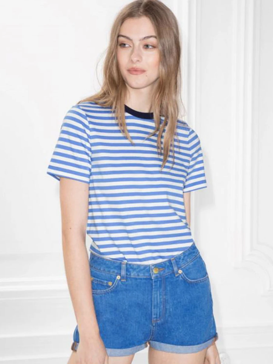 Лоскутная полосатая футболка хлопковая с круглым вырезом летние женские