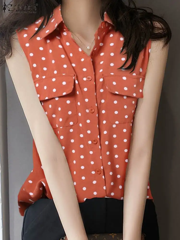 

Fashion Polka Dots Shirts ZANZEA Women Sleeveless Korean Lapel Collar Pockets Chemise Casual OL Button Up Rounded Hem Blouses