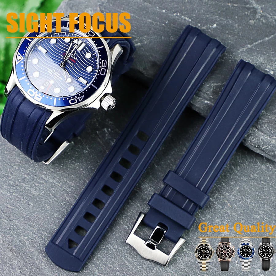 

20mm Curved End Rubber Watch Strap for Omega Seamaster 300m Waterproof Diver Commander 007 Black Blue Watchbands Belt Bracelets