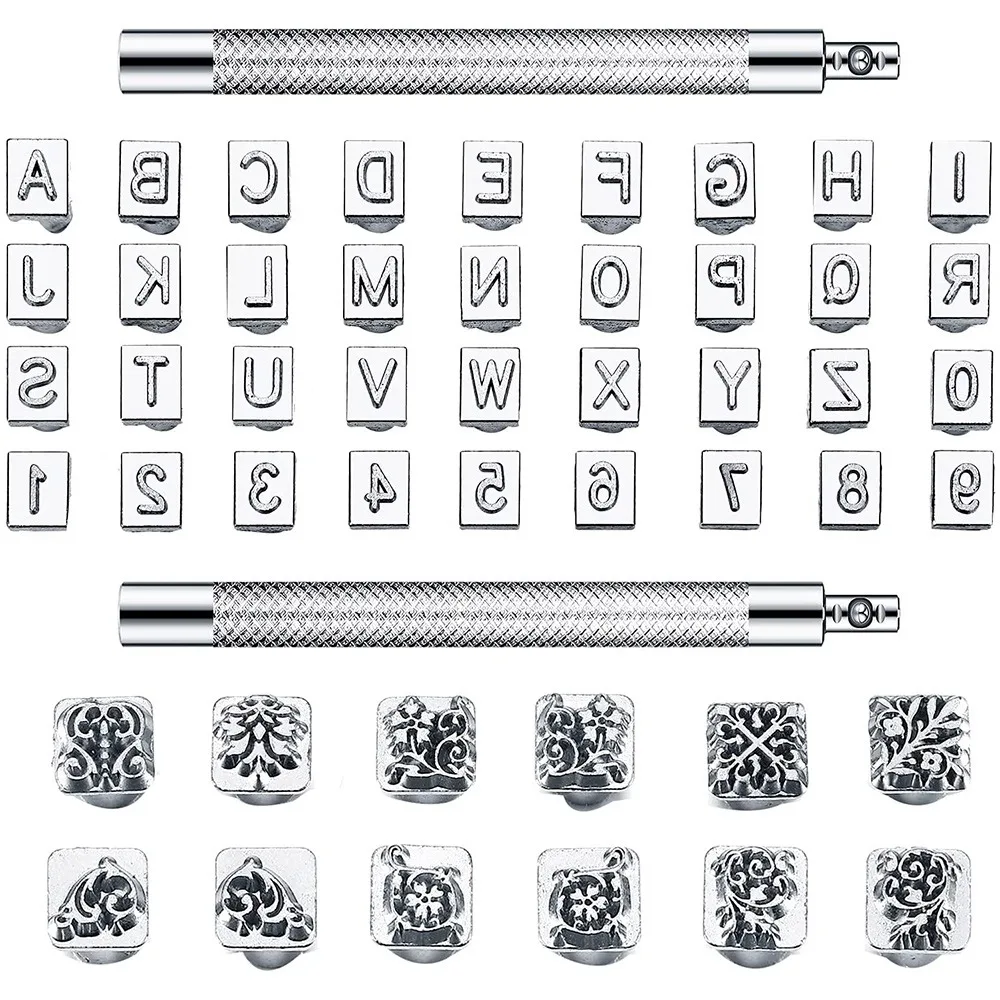 

50 Pieces Letters and Numbers Stamp Set 6Mm Alphabet Leather Punch Stamps Metal Floral Pattern Stamp Tools with Handle