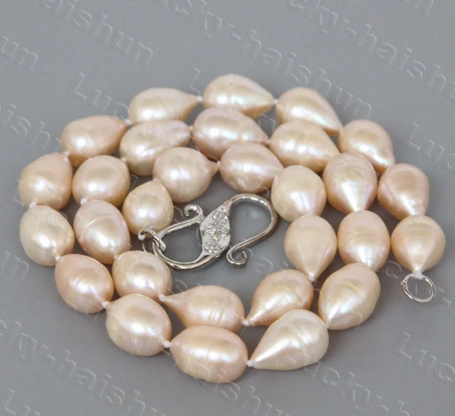 

JQHS natural 45cm 18" 14mm pink Oval rice freshwater beads pearls necklace 18KGP Clasp c1252