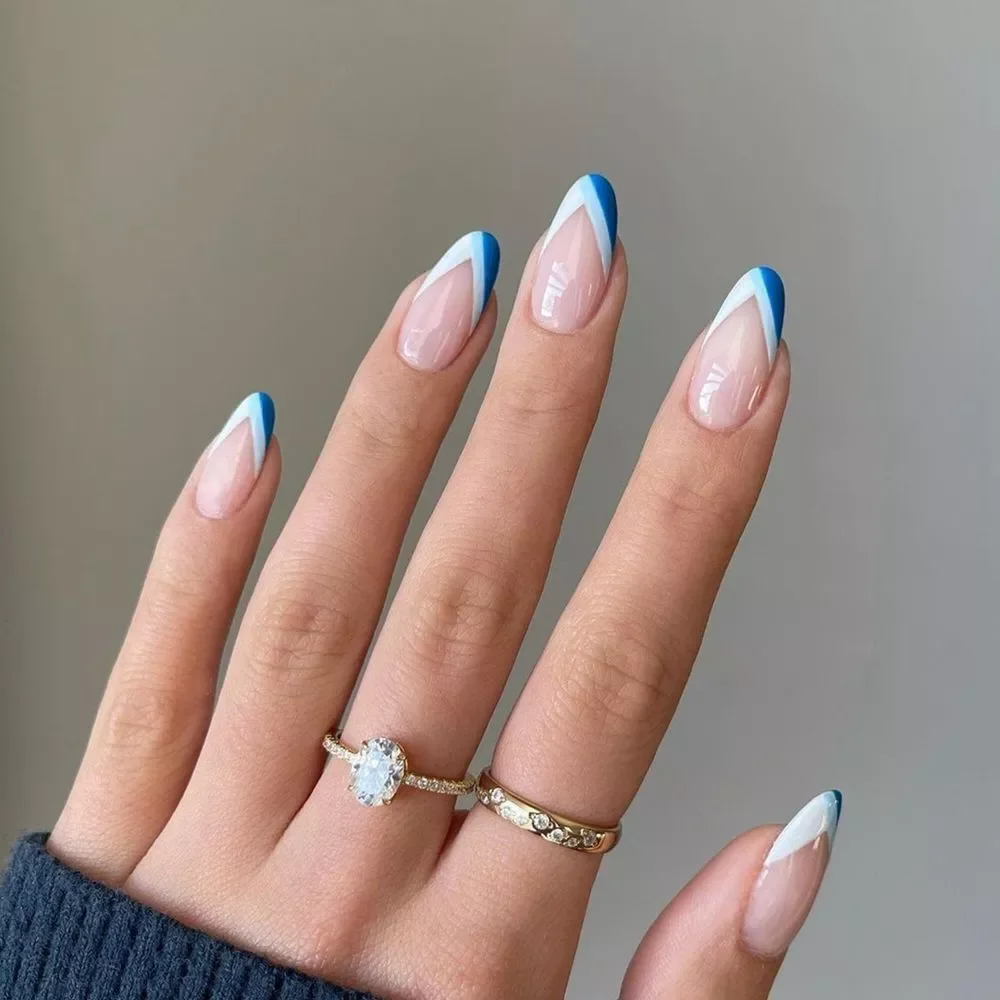 

24pcs Almond False Nails Short French Blue Design Artificial Ballerina Fake Nails With Glue Full Cover Nail Tips Press On Nails