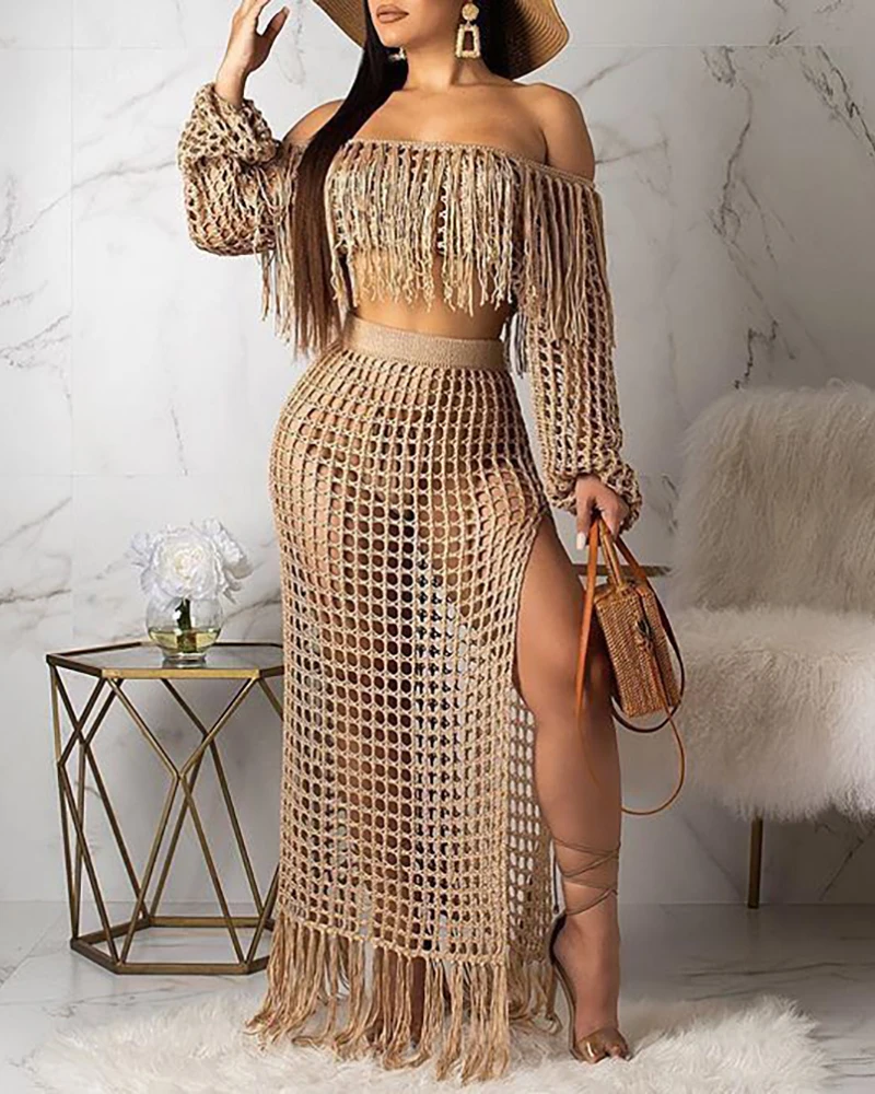 

Fashion Women Sexy Two Piece Crochet Casual Mesh Tassel Beach Top & Skirt Sets Swimwear Cover-ups Without Bikini