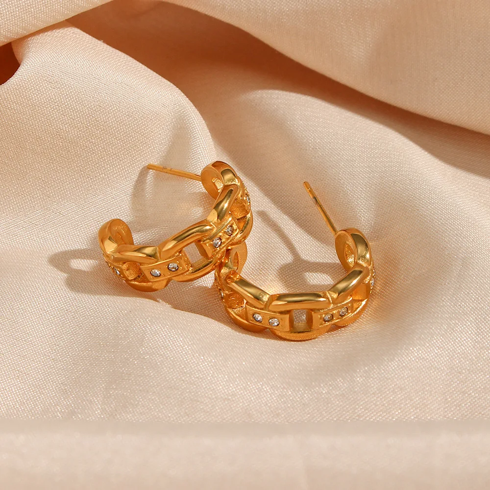 

G&D Fashion Light Luxury Earring Jewelry Stainless Steel 18K Gold Plated Zircon Hollow Chain Earrings Woman Party Special Gift