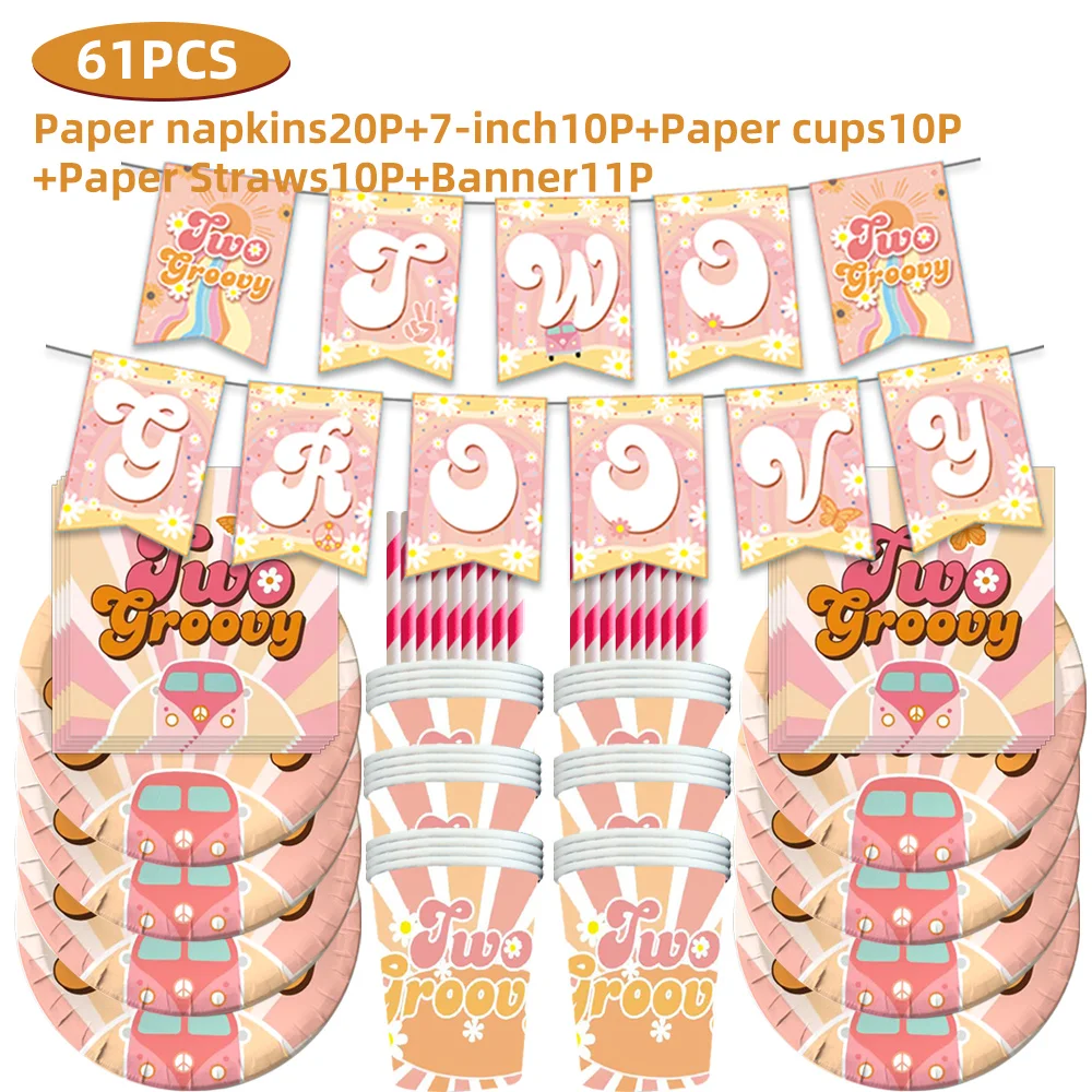 

TWO GROOVY Hippie Boho Rainbow Daisy Flower Birthday Party Cutlery Plate Paper Cup 1 Year Old Baby Shower Party Kit Supplies