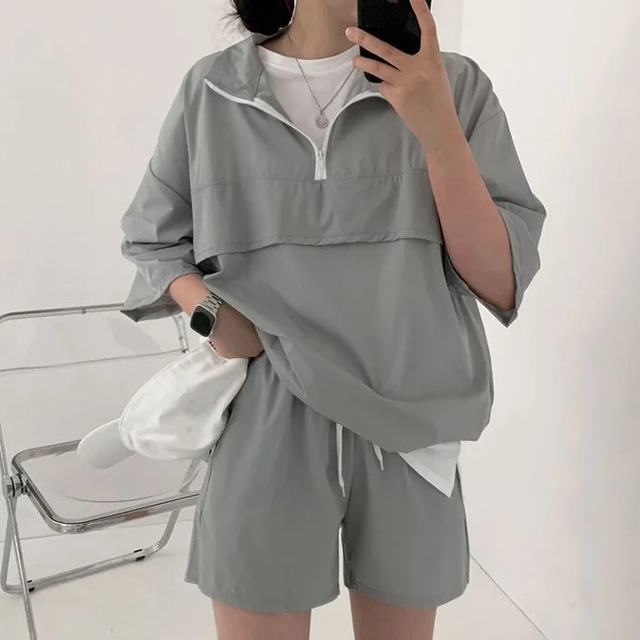 Summer Women's 2 Pieces Set Turtleneck Long Sleeve Top And Shorts Suit Female Summer Casual Tracksuit