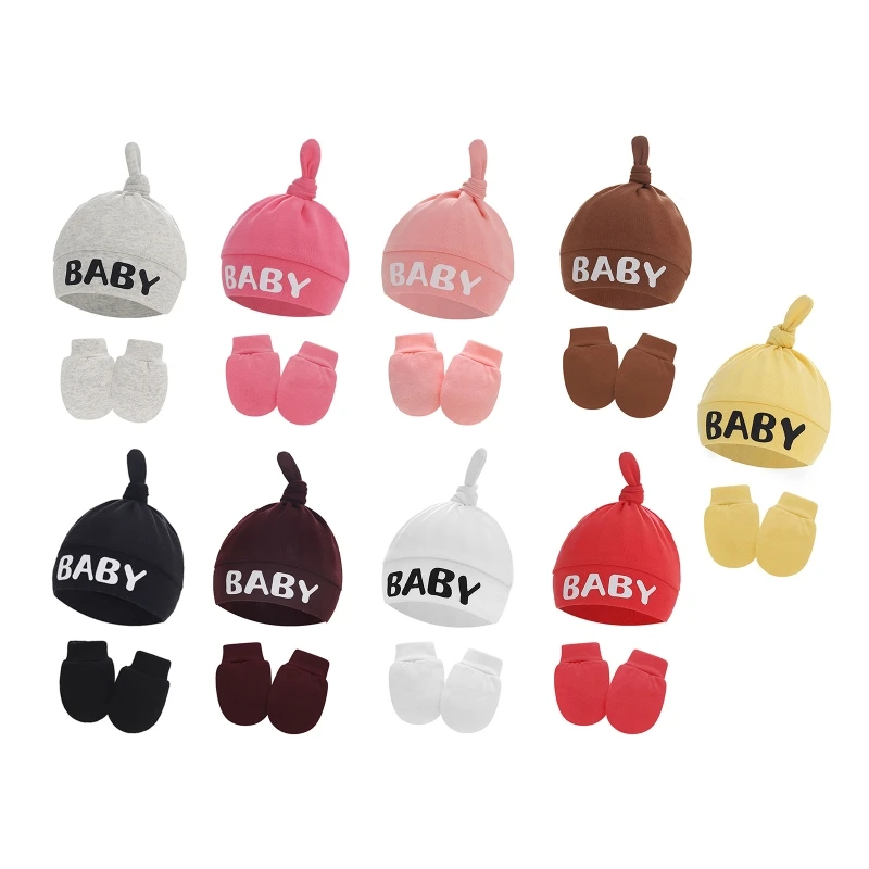 

2 Pcs Baby Anti Scratching Cotton Gloves Hat Set Newborn No Scratch Mittens Beanies Cap Kit for Infants Shower Gifts 가을 여아 кепка