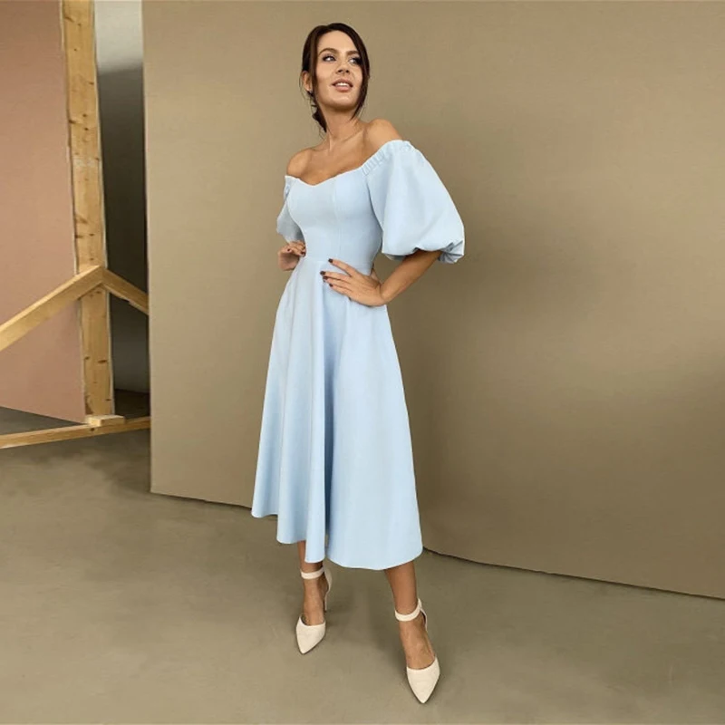 

Churses Sexy Slash Neck Backless Midi Dress Autumn Elegant Puff Half Sleeve A-Line Long Party Dresses For Women 2022