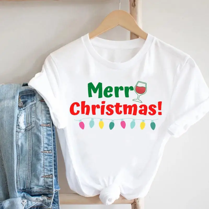 

Merry Christmas Letter 90s Cute Style Women New Year Trend T-shirts Cartoon Fashion Tshirt Holiday Top Travel Graphic Tee