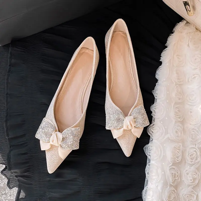 

brand designer crystal big bow flats women pointy glitter knitting ballerina shoes rhinestone silk bowtie wedding shoes big size