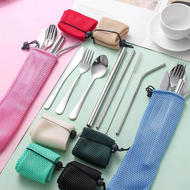 

Stainless Steel Western Food Knife And Fork Spoon Portable Suit Straw Fork Chopsticks Combination Set Tableware Outdoor