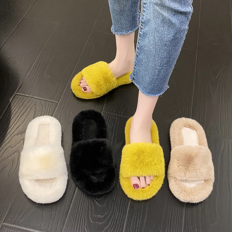 

Female Sandal Large Size Velvet Shoes 2022 Women's Fur Heels Girls Big Outside Suede New Flat Slipper Rome Rubber Winter Flock S