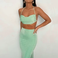 sexy backless lace up women two piece sets green strapless top high waist skirt female party clubwear 2022 summer dress