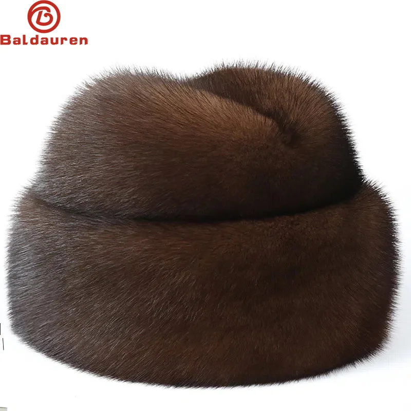 Winter Thickened Genuine Mink Fur Bomber Hat For Man Black/Brown Tag Elderly Ear Warm Chapeau Motorcycle Russian Style Mink Caps