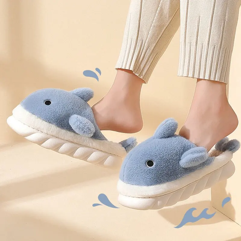 Shevalues Warm Winter Women Plush Slippers Cartoon Shark Cotton Slippers With Fur Thick Bottom Non-slip Outdoor Home Men's Shoes