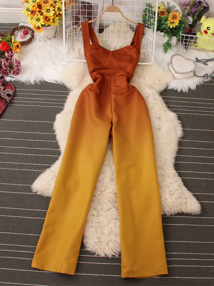 

Fitaylor New Summer Gradient Jumpsuit Women Fashion Sleeveless High Waist Wide Leg Pants Lady Casual Suspender Jumpsuits