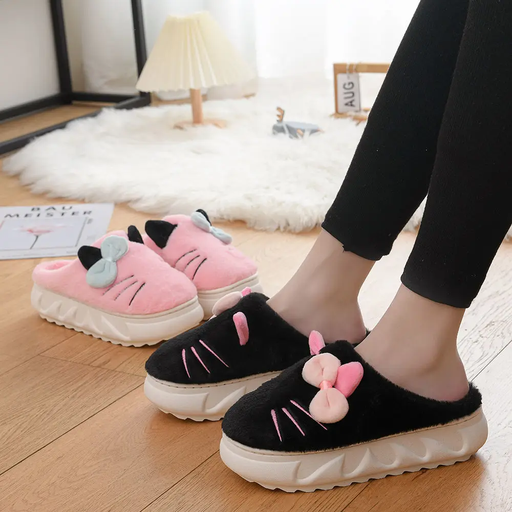 Bowknot Cat Slippers Women's Winter High Heel Mules Girls Fuzzy Home Shoes Fur Clogs Woman Purple Furry Slides Platform Slippers images - 6
