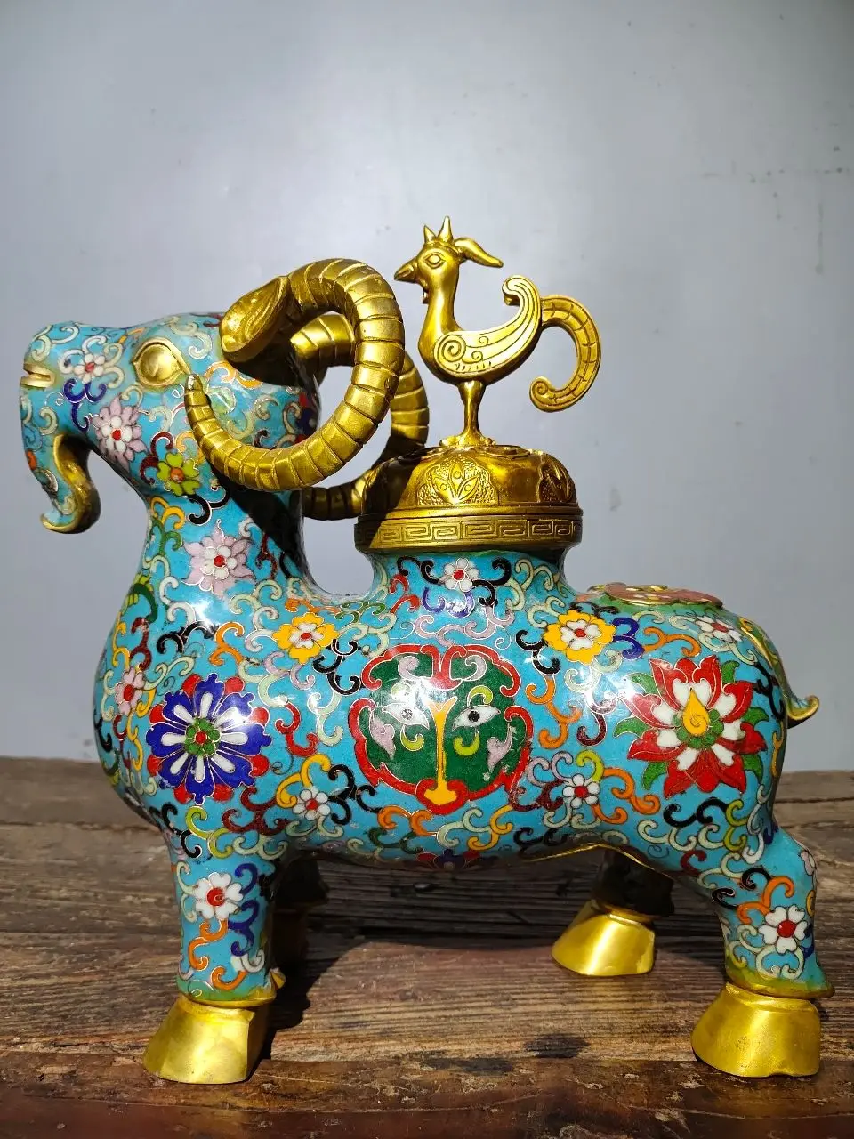 

12"Tibet Temple Collection Old Bronze Cloisonne Enamel Sheep respect phoenix Incense burner Amass wealth Ornaments Town house