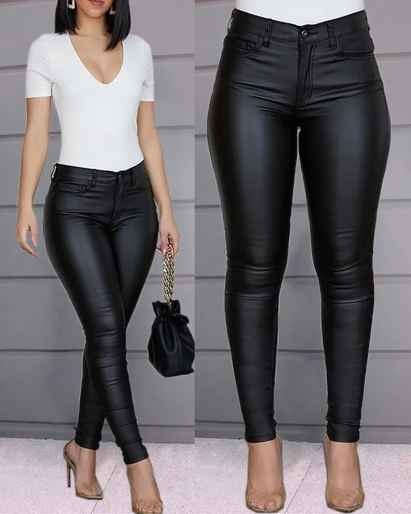 PU Leather High Waist Single Button Pants Women Solid Color Sexy Slim Skinny Leggings Ankle Length Pants