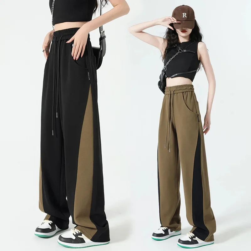 

Женские широкие брюки в американском стиле, повседневные Прямые длинные брюки в стиле пэчворк контрастных цветов для весны и осени