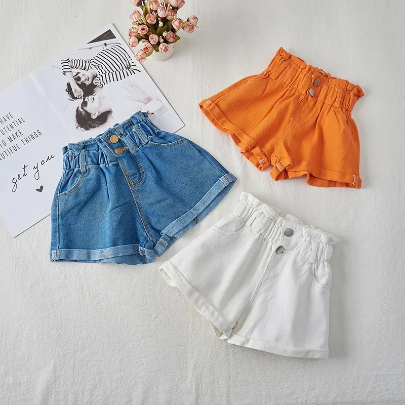 2023 Summer Denim Shorts for Girls High Waist Elastic Toddler Girls Teenage Children's Jeans Hem Fashion Blue White Kids Pant