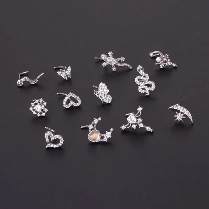 

New 1PC Fashion L Shaped Nose Studs Piercing Stainless Steel Flower Cubic Zirconia 20G Nostril Screw Indian Nose Ring Piercing