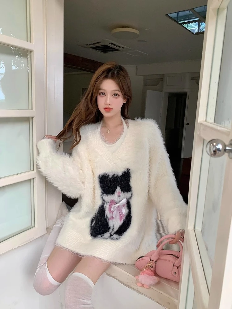 Милые крутые свитера в Корейском стиле с V-образным вырезом зима 2024 пуловеры