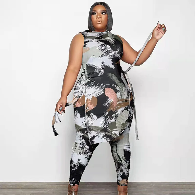 

Znaiml летний костюм с Боковым Разрезом, Длинный топ на шнуровке и брюки, повседневный костюм большого размера, комплект из двух предметов с принтом на завязках для женщин