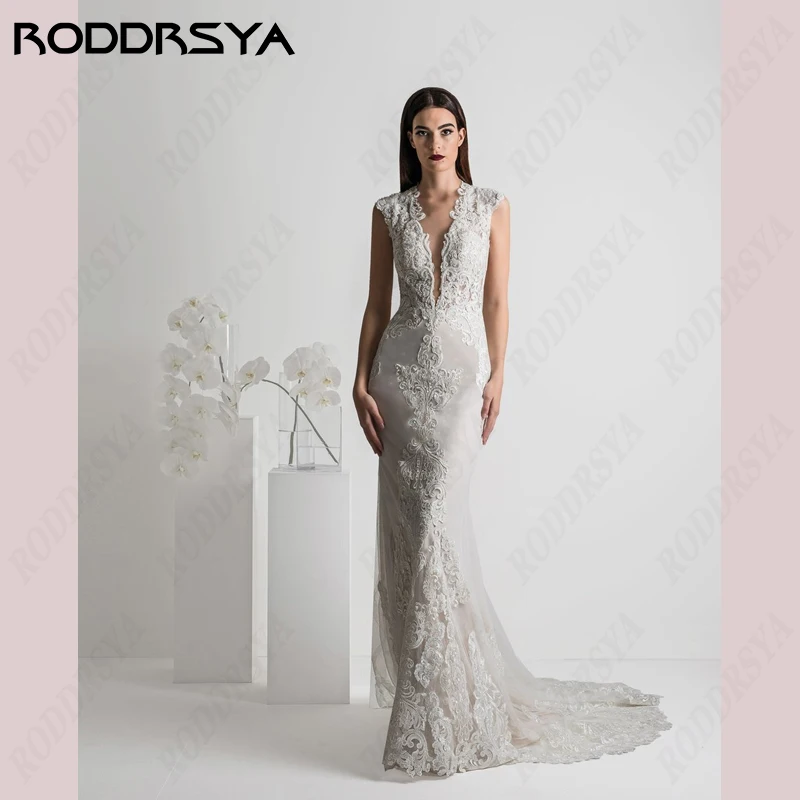 

RODDRSYA Deep V-Neck Mermaid Wedding Dress For Women Illusion Zipper Back Robe De Soirée Lace Appliques Sleeveless Bride Party