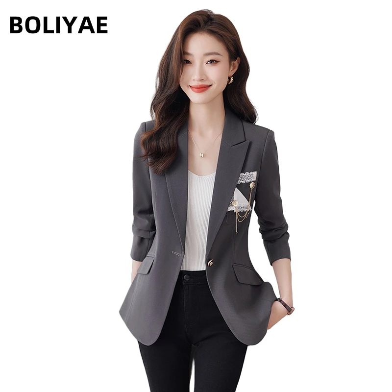 

Boliyae Casual Fashion grey Slim Single Button Blazers Women Long Sleeve Jacket Coat Female Office Outerwear Elegant Chic Tops
