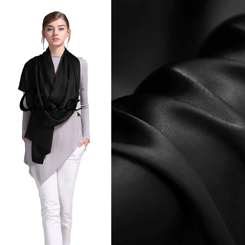 CISULI 100% Mulberry Silk Satin Scarf Pure Women Long Shawl 55X180cm Solid Color Black