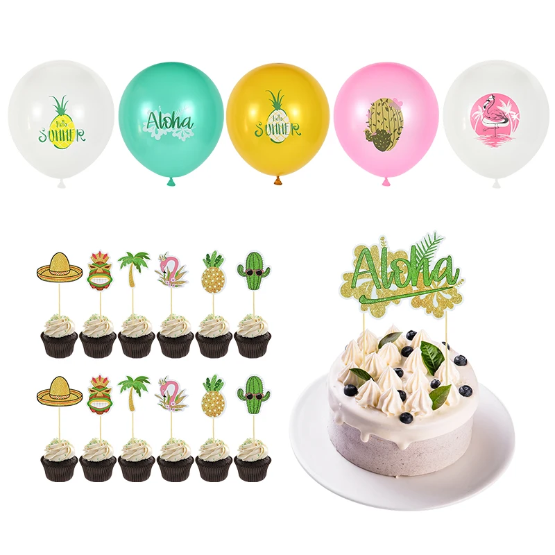 

Hawaii Aloha Balloons Set Pineapple Flamingo Cake Toppers Hawaiian Tropical Party Decor Summer Party Supplies Latex Balloons