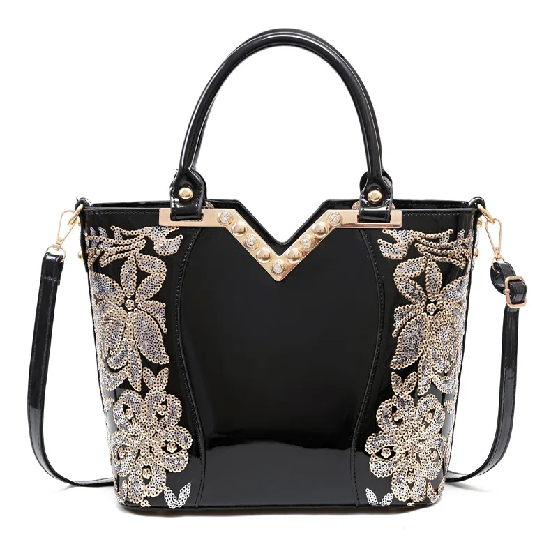 

Luxury Bag for Women 2022 High Quality Patent Leather Flower Embroidery Diamond Tote Handbag Fashion Female Shoulder Bag