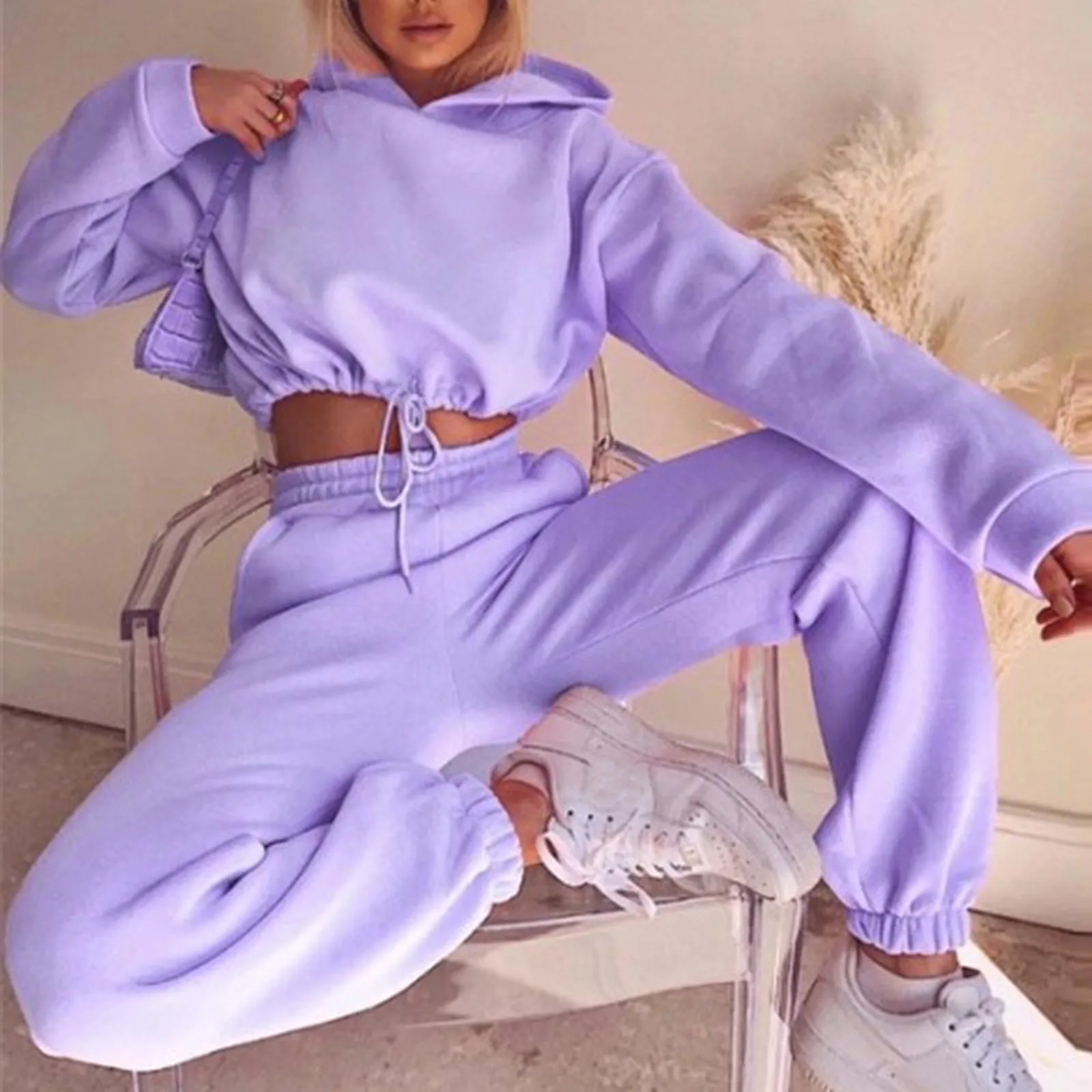 New Sweatshirts Pullover Hoodies Pants Suit Home Sweatpants Trousers Outfits Solid Casual Women Sports Two Pieces Set Tracksuit