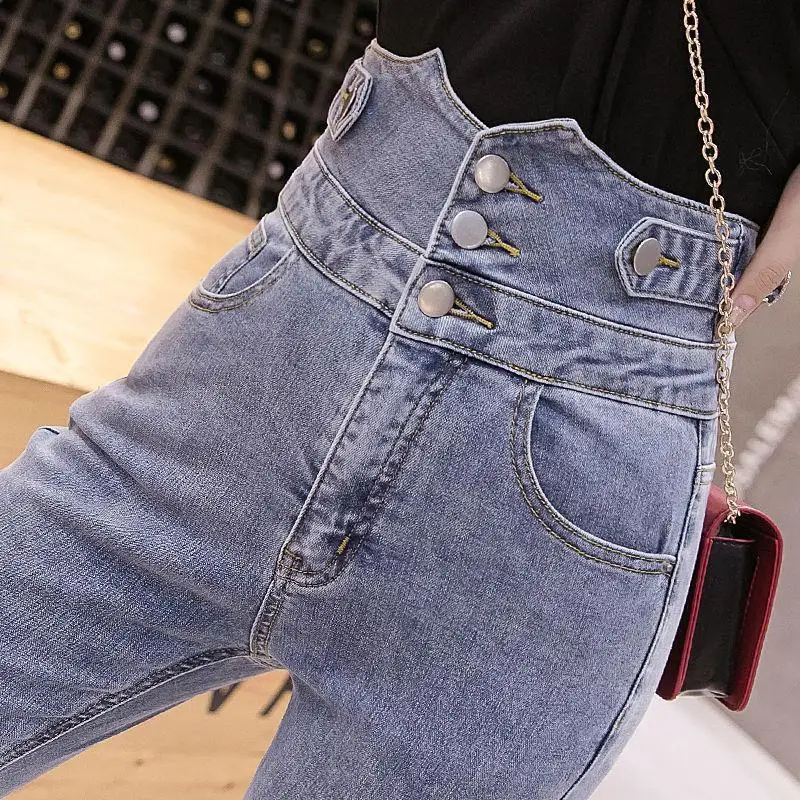 2022 Womens Jeans，High Waist Mult-buttons Skinny Denim Pants，Lined Slim Stretch  Jeggings，Ankle-length  High Elastic Trousers