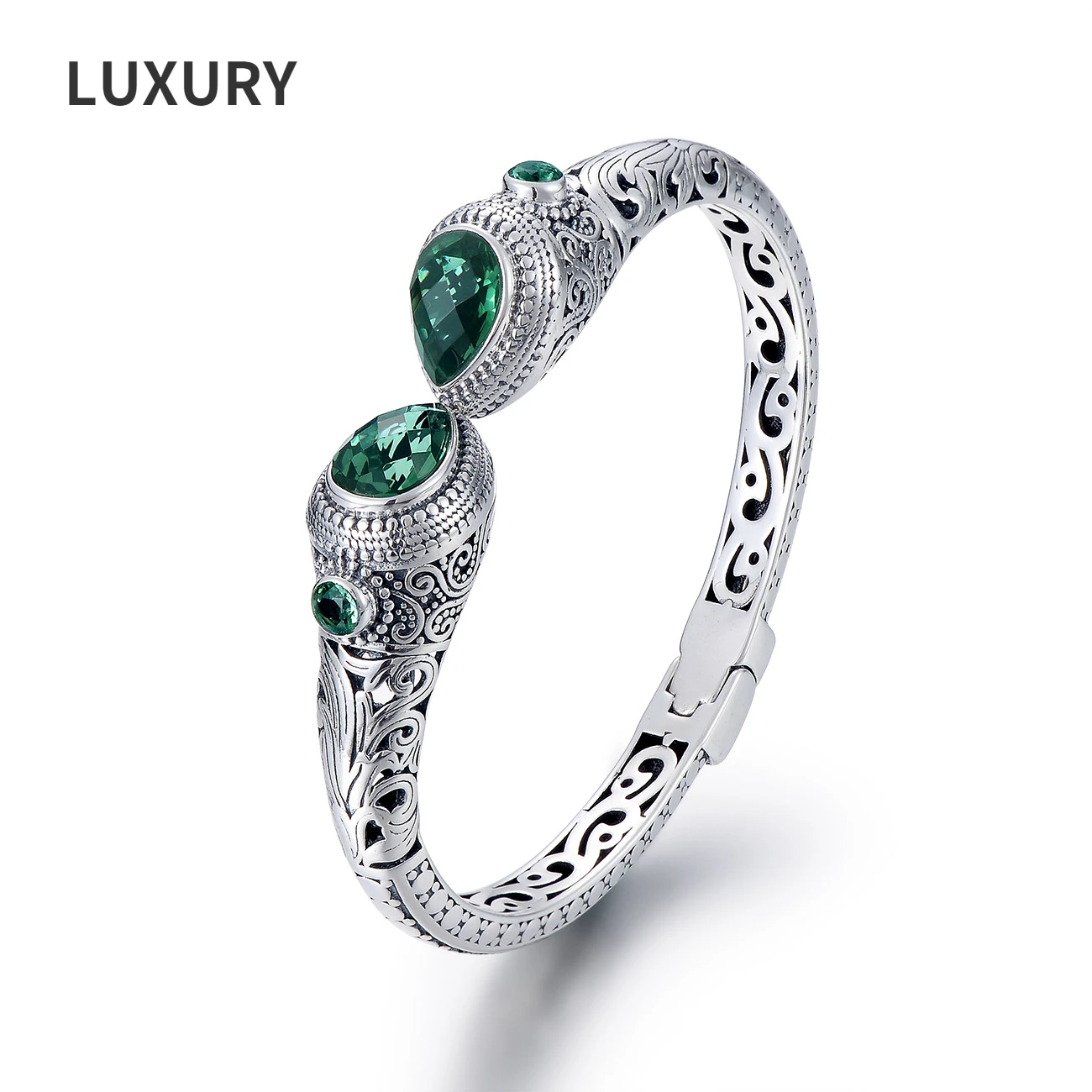 

Luxury 100% S925 Sterling Silver Retro Classics Green Crystal Adjustable Bracelets For Women Sparkling Party Fine Jewelry