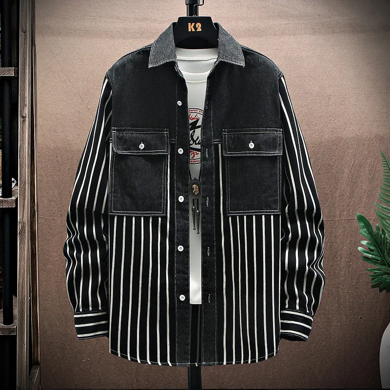 

Spring And Autumn Stripe Jacquard Denim Shirt Men's Loose Casual Long Sleeve Jacket