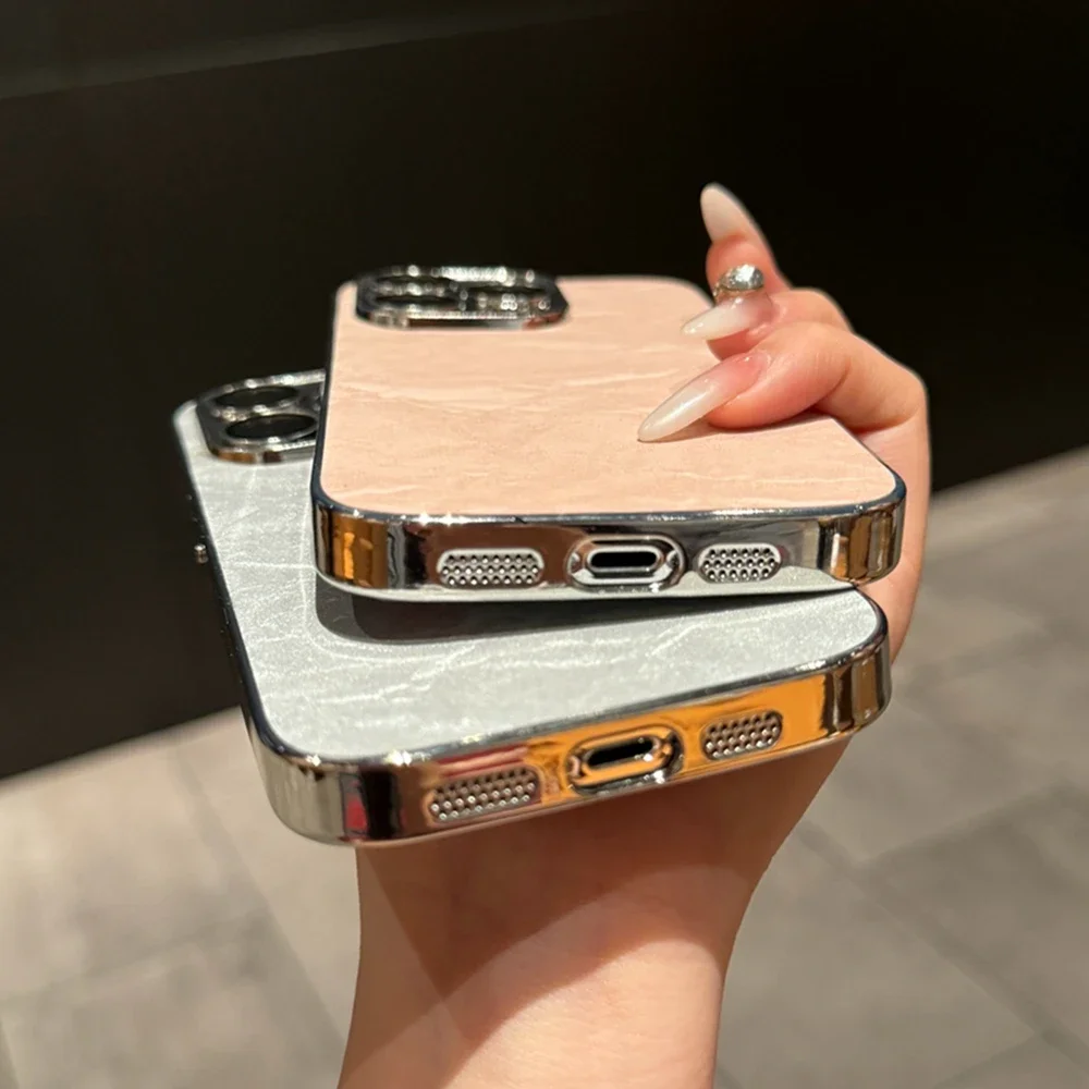 Кожаный чехол Ripple Plating для iPhone 16 13 14 11 12 15 Pro Max Plus защитный объектива камеры жесткий