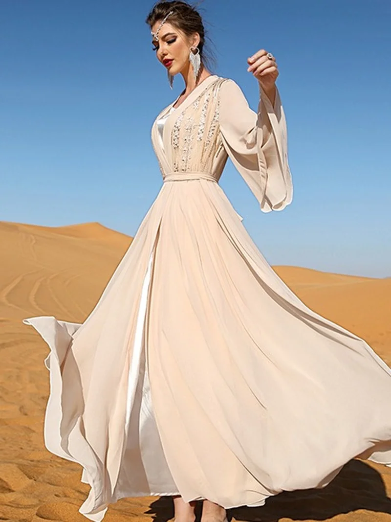 2 Pieces Abaya Dress Sets Modest Muslim Chiffon Sequin Embroidery Kimono Robe + Inner Vest Marocain Caftan Dubai 2022