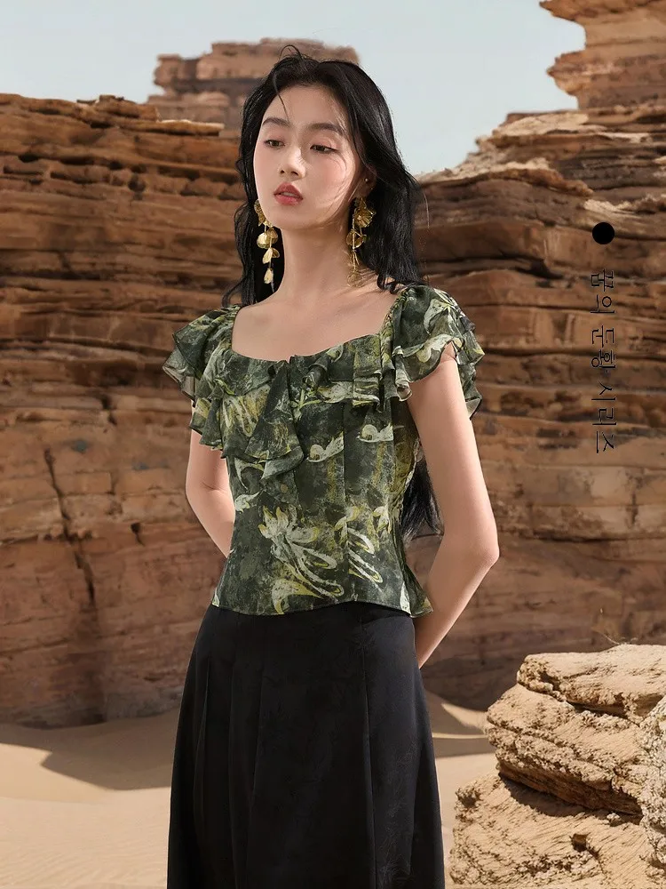 [Tricolor Dream Dunhuang X Linghua Cong] 2024 новый летний топ с оборками на талии китайский тонкий