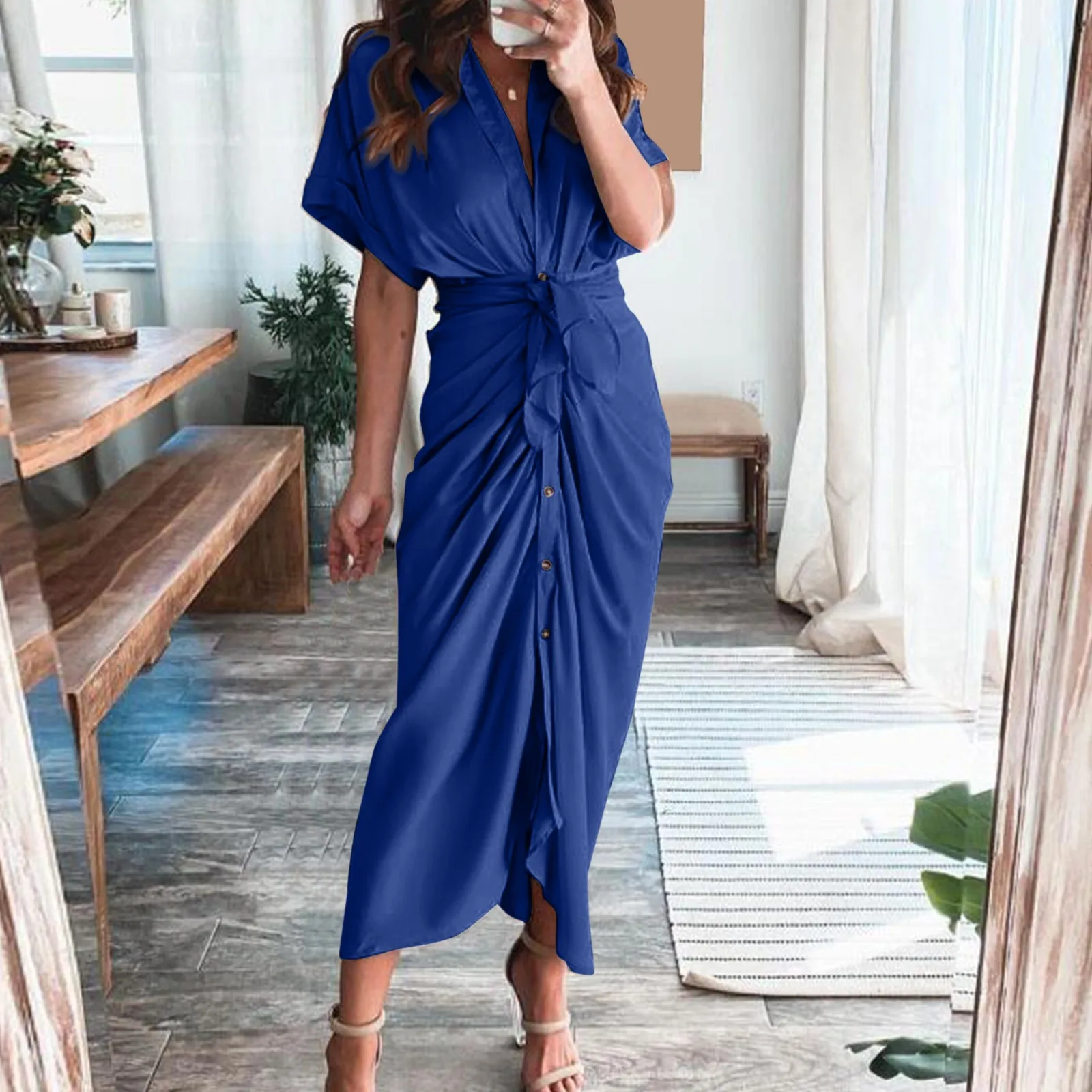 

Женское шифоновое платье с коротким рукавом, длинное приталенное платье на пуговицах с высокой талией, одежда для женщин на лето