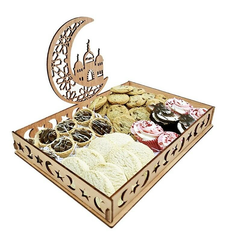 

Eid Mubarak деревянный поднос для продуктов Рамадан Луна Звезда тарелки квадратная форма деревянный поднос орнамент исламское мусульманское ук...