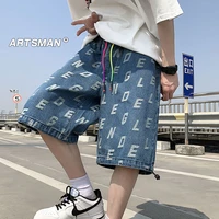 new streetwear baggy short jeans korean style straight denim pants printed shorts elastic denim shorts male brand clothes