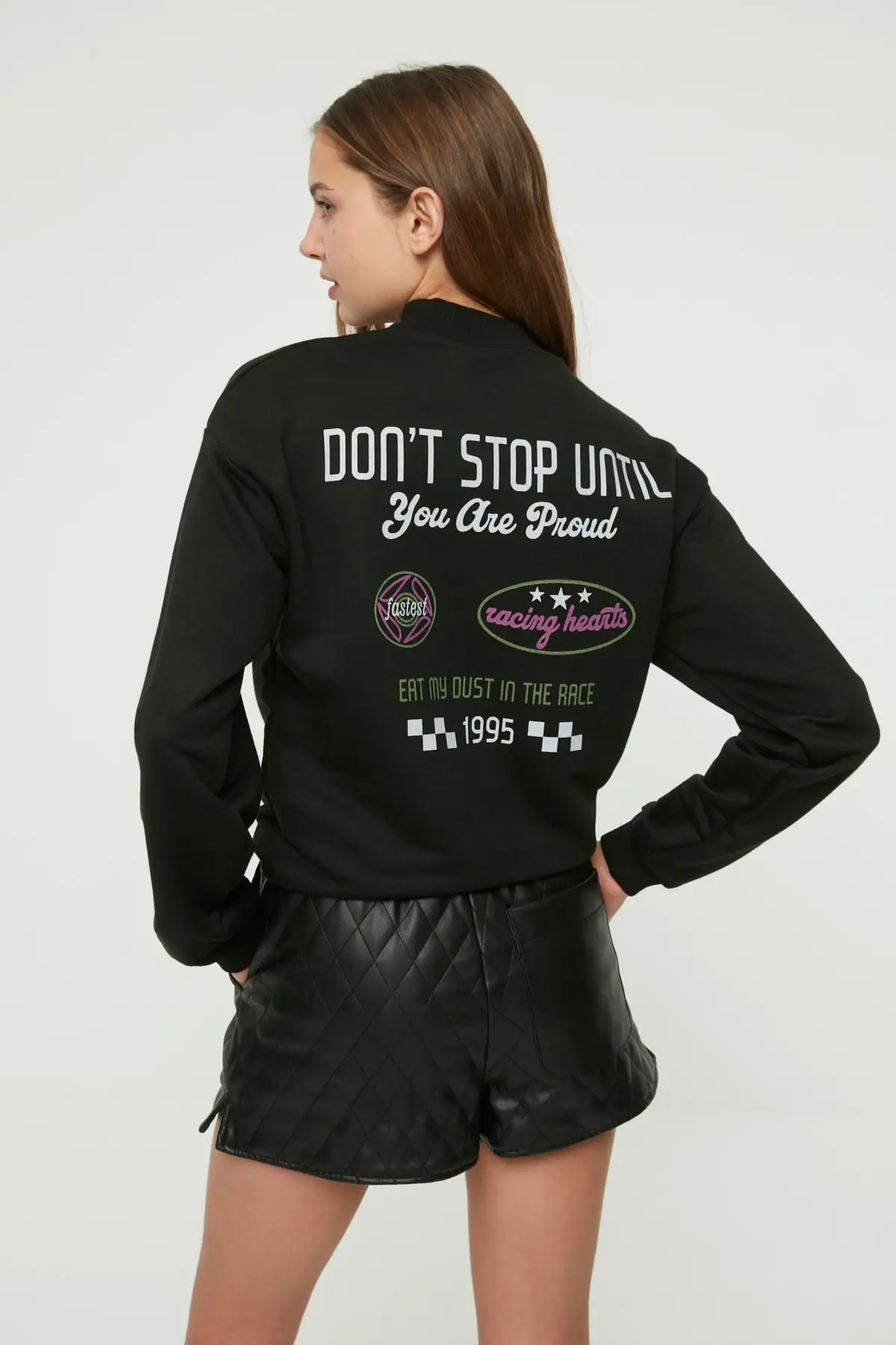 

Women's Sweatshirt Black Printed Stand Up Collar Basic Knitted Slim Hoodies Fashion All Season New Pullovers Fleece