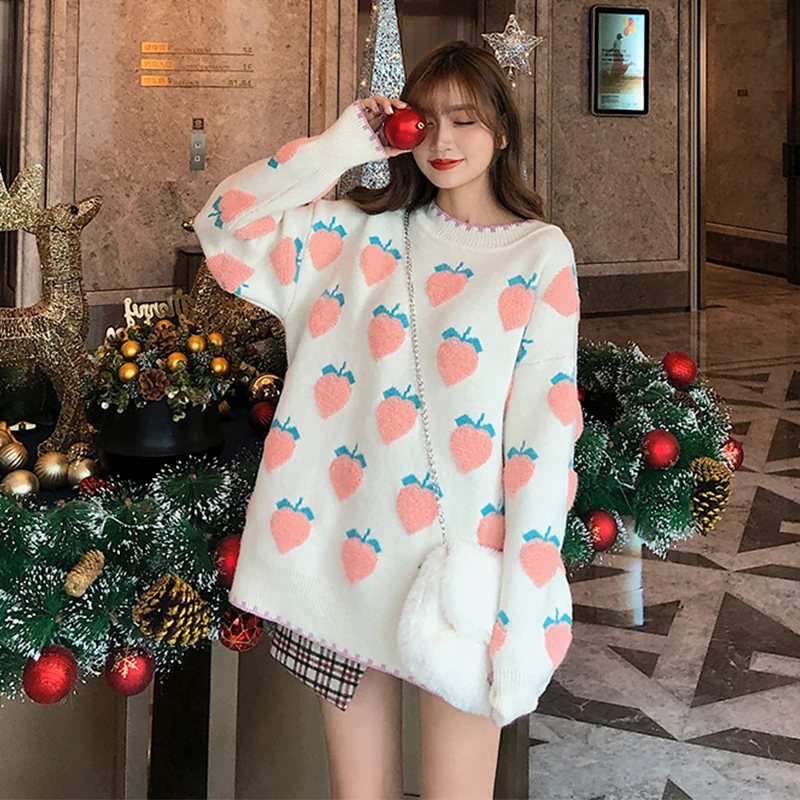 

Women's Jumper Knitwear Autumn Winter Korean New Long Sleeve O Neck Fruit Ladies Casual Pullover Loose Thick Sweaters for Female
